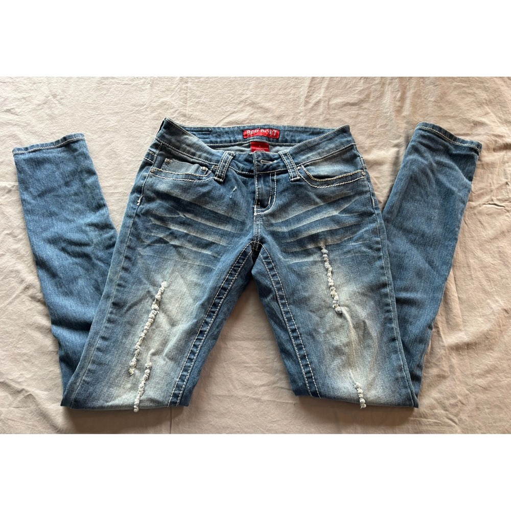 Red Rivet Skinny Jeans Medium Wash Distressed Contrast Stitch RJ320010V Size 3